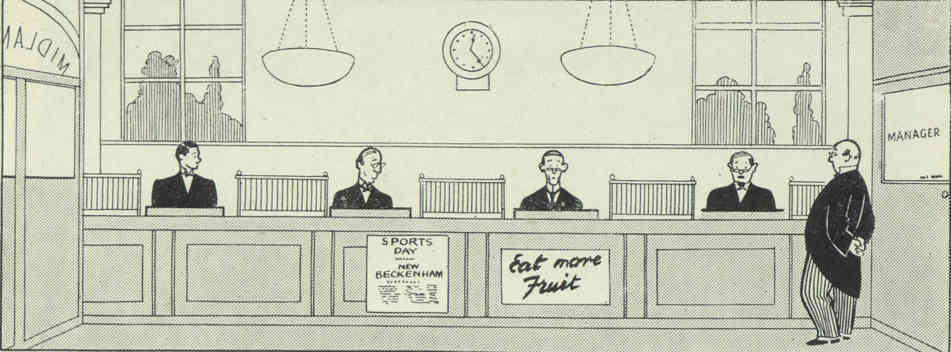 A cartoon with four suited male clerks sitting behind a bank counter.