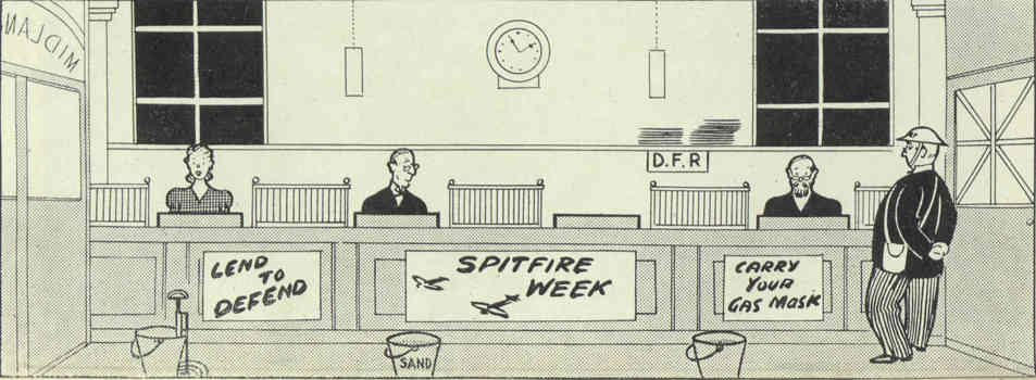 A cartoon with two male clerks, 1 female clerk and a manager wearing a helmet. Posters reflect wartime slogans and marketing.