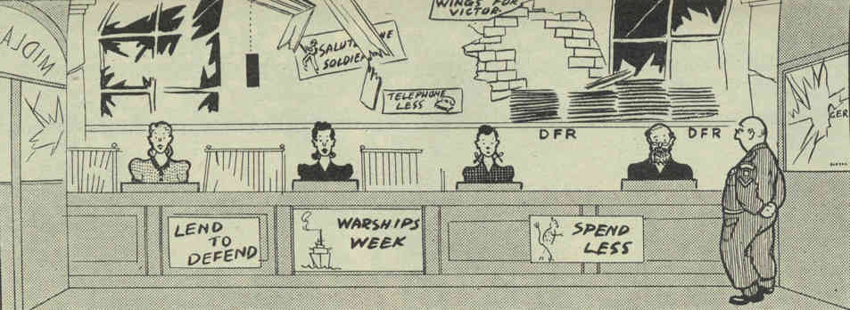 A cartoon with three female clerks, 1 male clerk and a manager in military uniform. Branch office is visibly damaged with broken windows and exposed bricks.