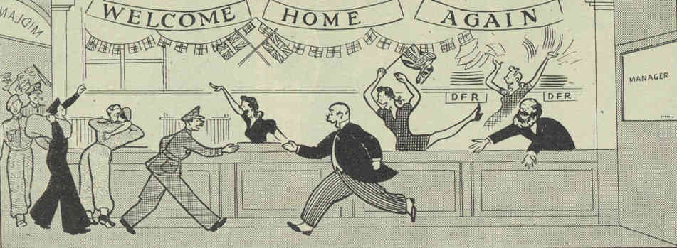 A cartoon with male and female clerks celebrating the return of soldiers. 'Welcome home' banners adorn the walls.